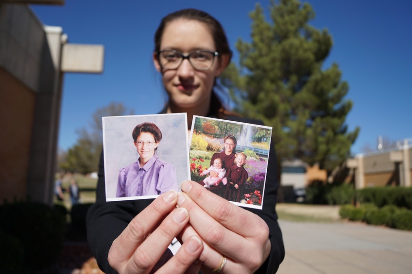 Jessica Chatwin, a freshman media studies major from Hildale, shows photos from her childhood growing up in the FLDS religion. Photos by Alexis Winward.